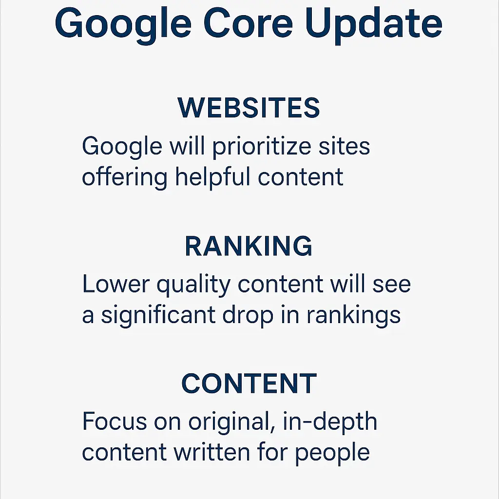 Infographic summarizing Google’s March 2025 Core Update, highlighting changes to content quality signals, ranking impacts, and best practices for SEO.